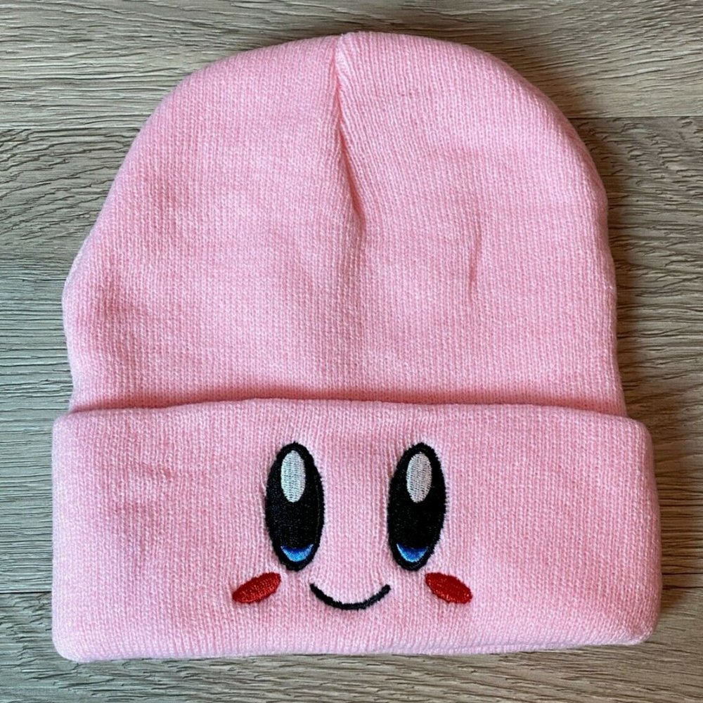Pink KIRBY Winter Beanie Knitted Hat. Cap Cute Face Kawaii Anime uwu Nintendo